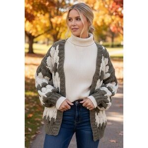 POL Olive Chunky Knit Cardigan | Handmade Colorblock Striped